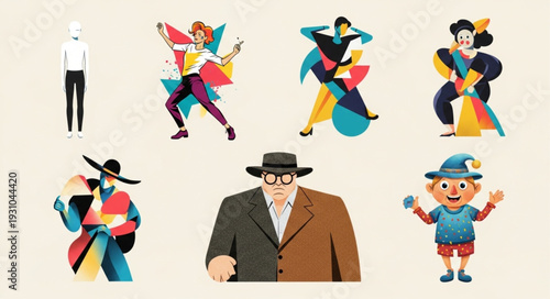 Diverse group of stylized cartoon characters in various poses.