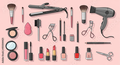 Collection of beauty products and tools arranged on a pink surface.