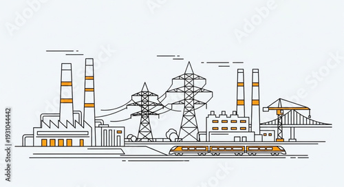 Industrial power plant and transmission towers illustration.