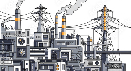Industrial factory complex with smoking chimneys and power lines.