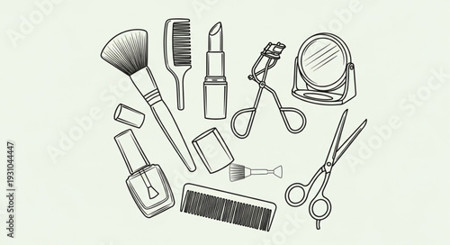 Collection of hand-drawn beauty and makeup items illustration.