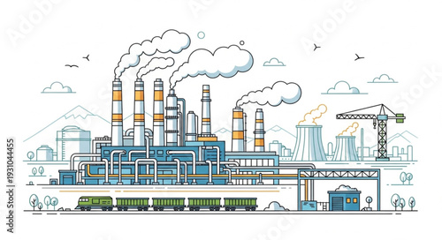 Industrial factory complex with smoking chimneys and trains.