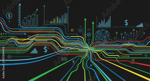 Abstract digital network with glowing lines and data charts.