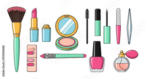 Collection of colorful makeup and beauty products arranged.