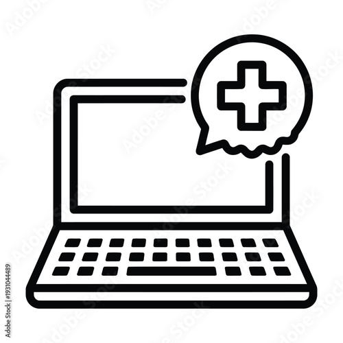 Online Healthcare Consultation and Telemedicine Service Icon with Laptop and Medical Cross Chat Bubble