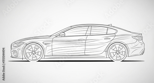 Modern Sedan Car Outline Drawing Side View.