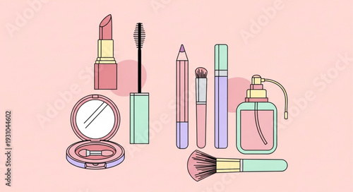 Collection of cosmetic products for makeup application.