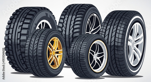 Collection of various car tires and wheels for sale.