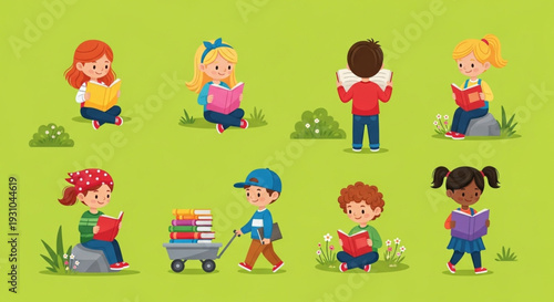 International Children's Book Day cheerful diverse young children happily engrossed in reading books outdoors, highlighting the importance of early literacy and educational growth