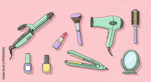 Collection of beauty and hair styling tools arranged on a pink background.