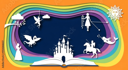 International Children's Book Day Open book with fairy tale characters emerging from pages creating a magical story and adventure