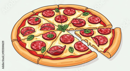 Delicious Pepperoni Pizza with Fresh Basil Slices.