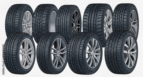 Collection of various car tires and wheels displayed together.