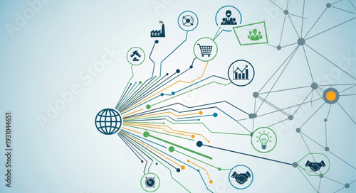 Global network of interconnected business and technology icons.