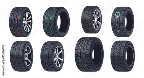 Collection of eight different car tires and wheels.