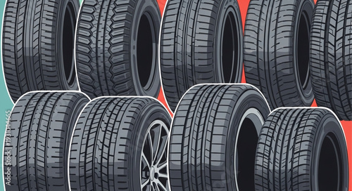 Collection of various car tires and wheels displayed in a grid pattern.