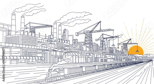 Industrial factory complex with smoking chimneys and sunrise.