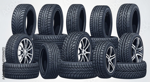 Collection of various car tires and wheels stacked together.