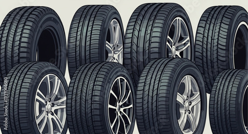 Collection of New Car Tires and Rims Displayed Together.