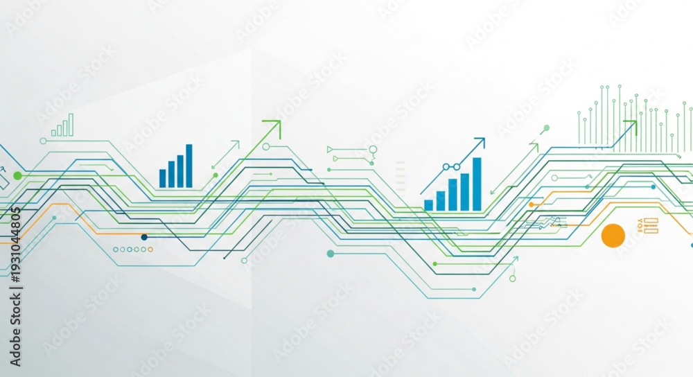 Naklejka premium Digital circuit board with growing bar charts and data visualization.