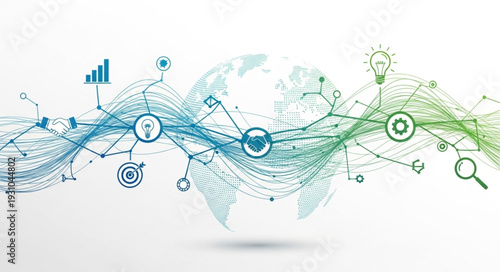 Global network connections and digital data flow illustration.