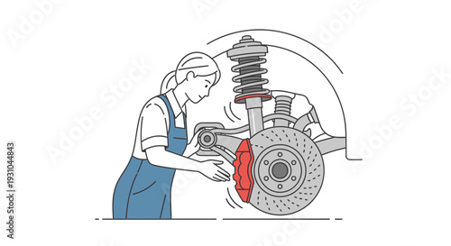 Mechanic Inspecting Car Brakes: Woman Servicing Vehicle Suspension and Rotor