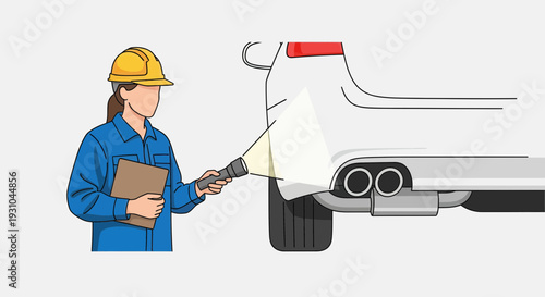 Mechanic inspects car exhaust system with flashlight, holding clipboard