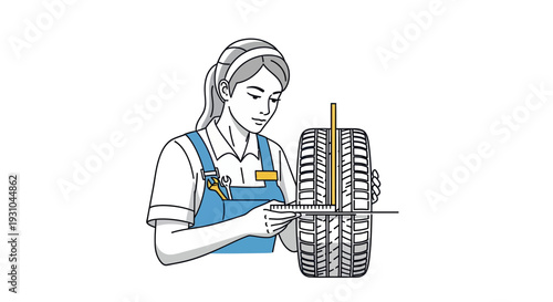 Mechanic measuring tire tread depth with ruler, auto service, car maintenance concept