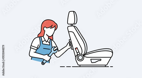 Mechanic woman fixing car seat with wrench, auto repair, vehicle maintenance concept