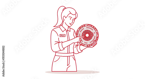 Mechanic Woman Explaining Clutch Disc Component in Automotive Workshop