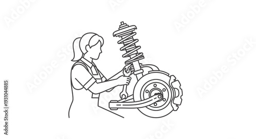 Mechanic woman fixing car suspension system, auto repair, workshop, maintenance
