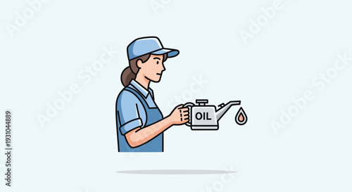 Mechanic Woman Pouring Oil from Can, Car Maintenance Service, Automotive Repair