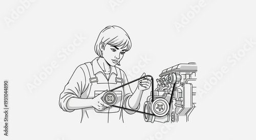Mechanic woman inspecting car engine belt, illustration, repair service, automotive maintenance