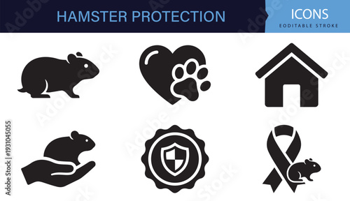 Hamster Protection and Care Icons Set Pet Safety Black and White Collection