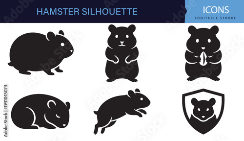 Hamster Silhouette Icons Set Cute Pet Pose Black and White Collection
