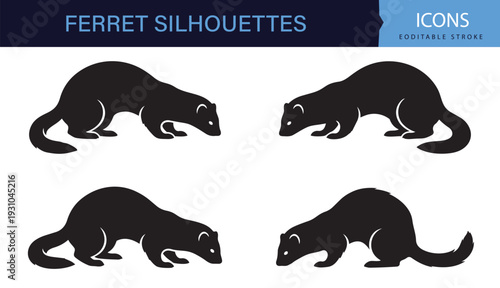 Ferret Animal Silhouettes Bundle Black and White Pet Mammal Icon Set