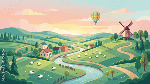 Flat Vector Countryside Landscape Illustration with Rolling Hills and Pastel Sunset