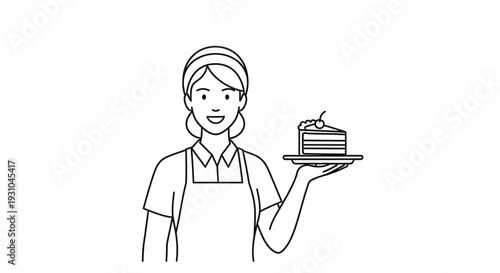 Smiling Baker Woman Serving Delicious Cake Slice with Cherry on Plate