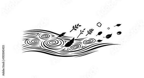 Swirling Water, Windblown Leaves, Feather, and Flowers - Nature's Dynamic Movement