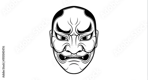 Traditional Japanese Kabuki mask, Noh theater demon face, black and white illustration