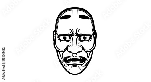 Traditional Japanese Noh Mask - Fierce Oni Demon Face, Black and White Line Art