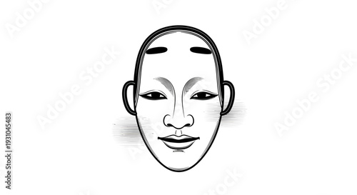 Traditional Japanese Noh Mask Illustration - Black and White Line Art