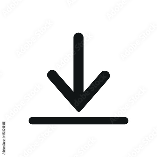 Black downward arrow icon pointing to a horizontal line, symbolizing a download action vector illustration icon design