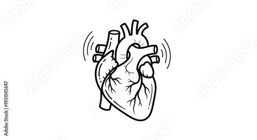 Hand-drawn heart beating, medical concept, cardiology symbol, black and white illustration