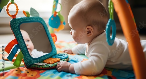 Baby lying on colorful mat looking at reflection in mirror with toys