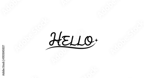 Hello Handwritten Script Text with Sparkle and Swirls on White Background