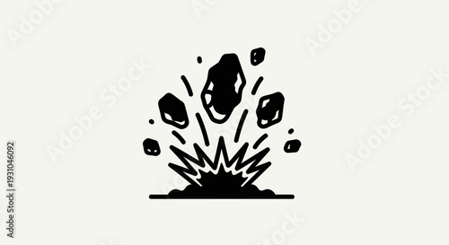 Explosion of rocks and debris from the ground, dynamic black and white illustration