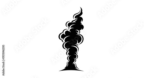 Black smoke plume rising from ground, stylized illustration, isolated on white background