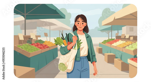 Cheerful young woman embracing a sustainable lifestyle, shopping for fresh, healthy produce at a vibrant outdoor farmers market with her reusable grocery bag