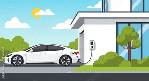 Electric car charging at a modern home, illustrating sustainable energy and eco-friendly transportation